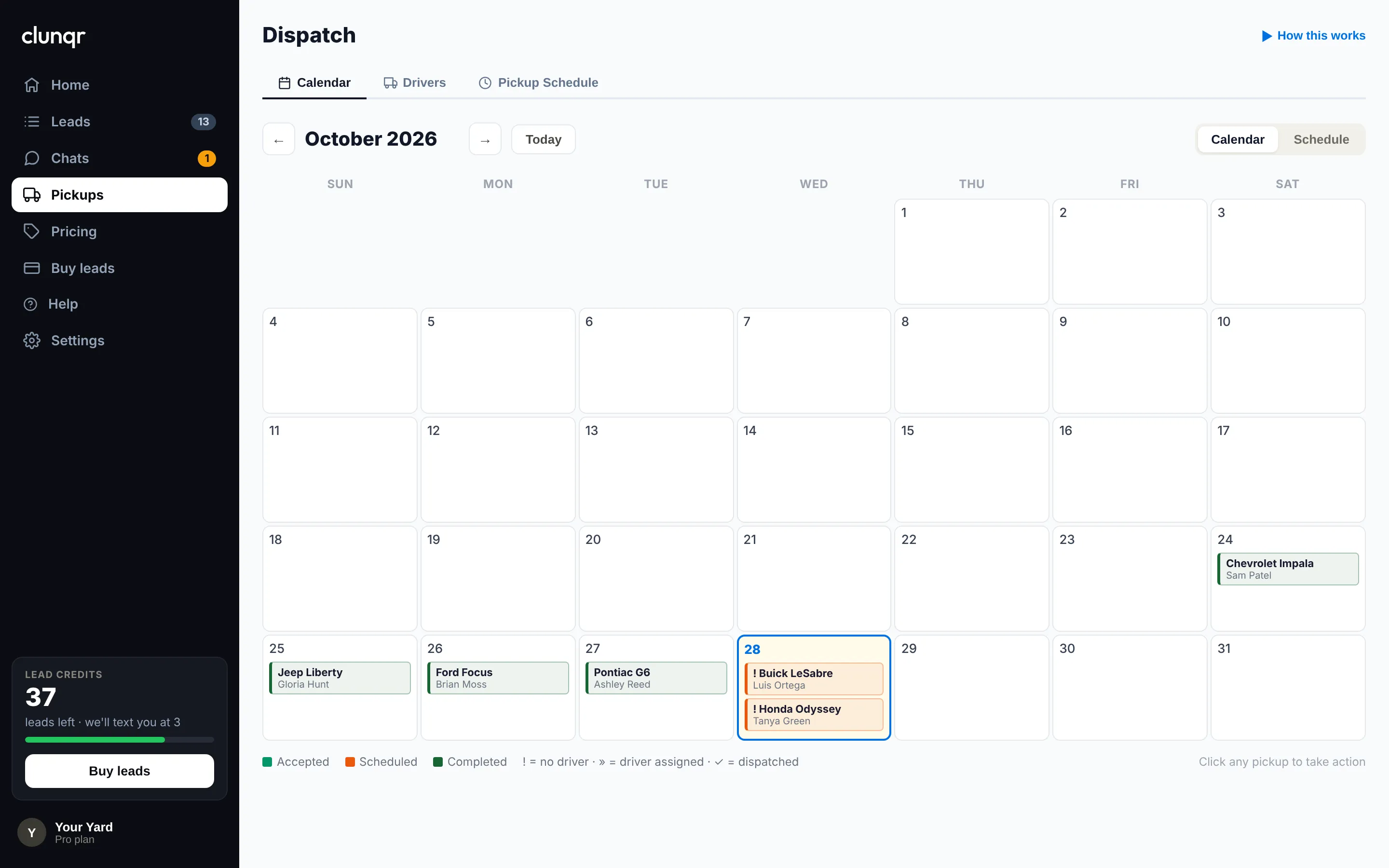 The pickup calendar with this week's pickups and their drivers.