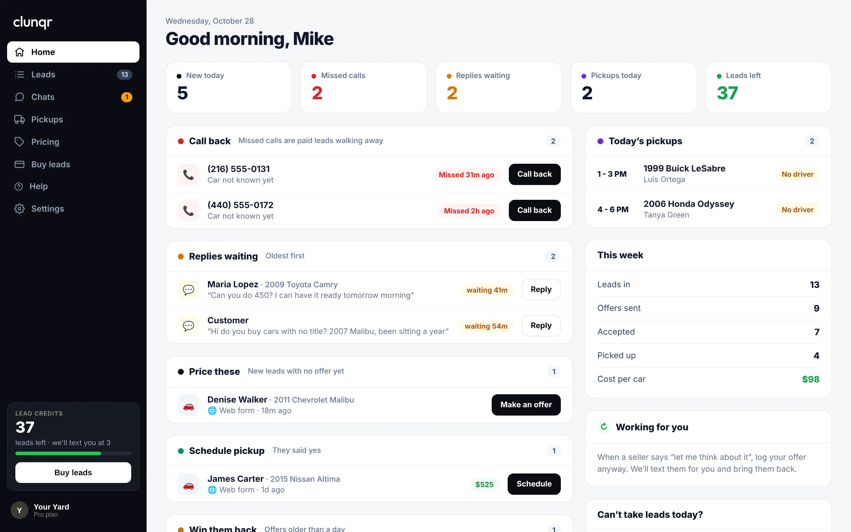 The Home screen: new today, missed calls, replies waiting, pickups today and leads left, then the Call back, Replies waiting, Price these and Today's pickups lists.