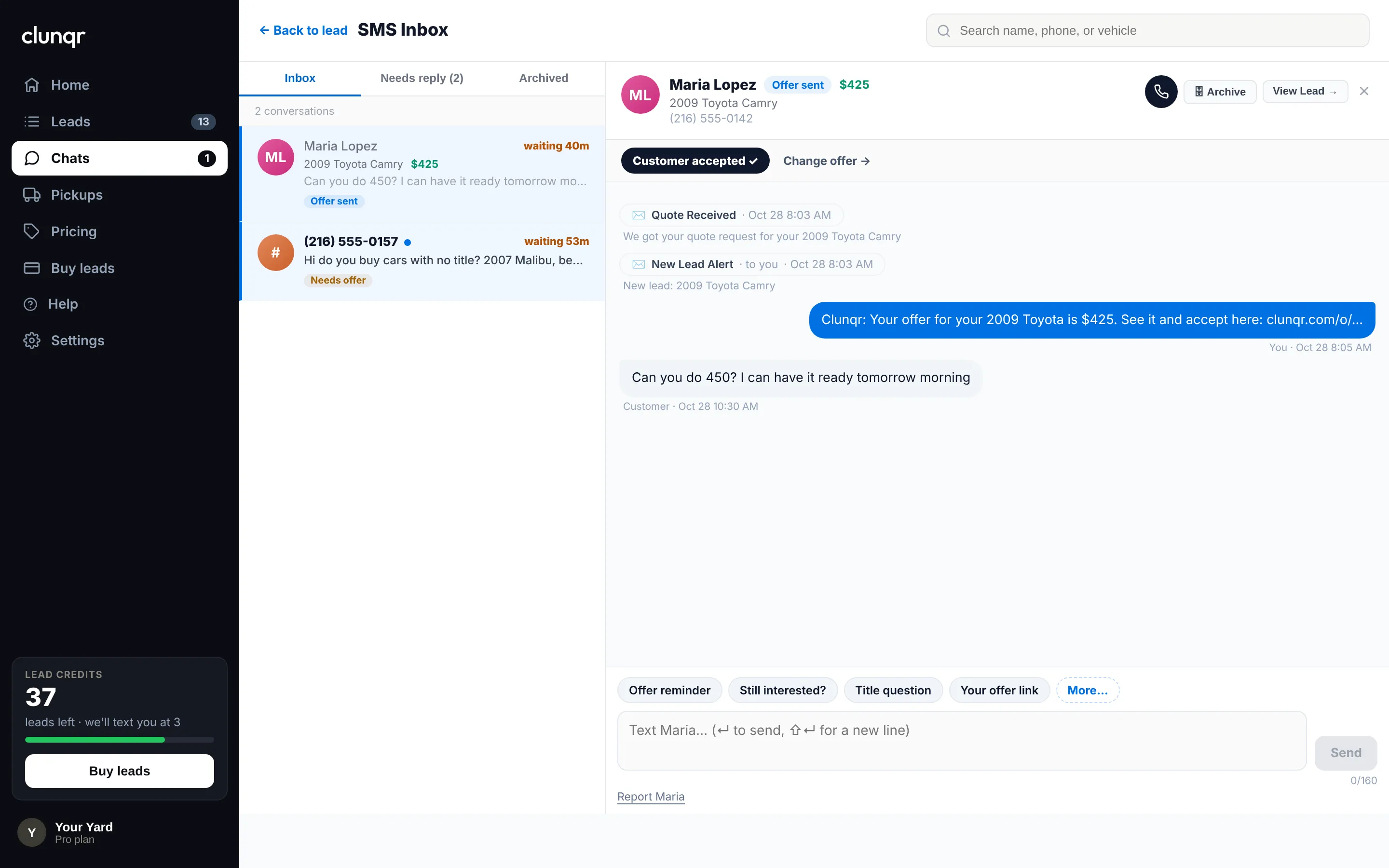 Chats with Maria's conversation open and quick replies under it.