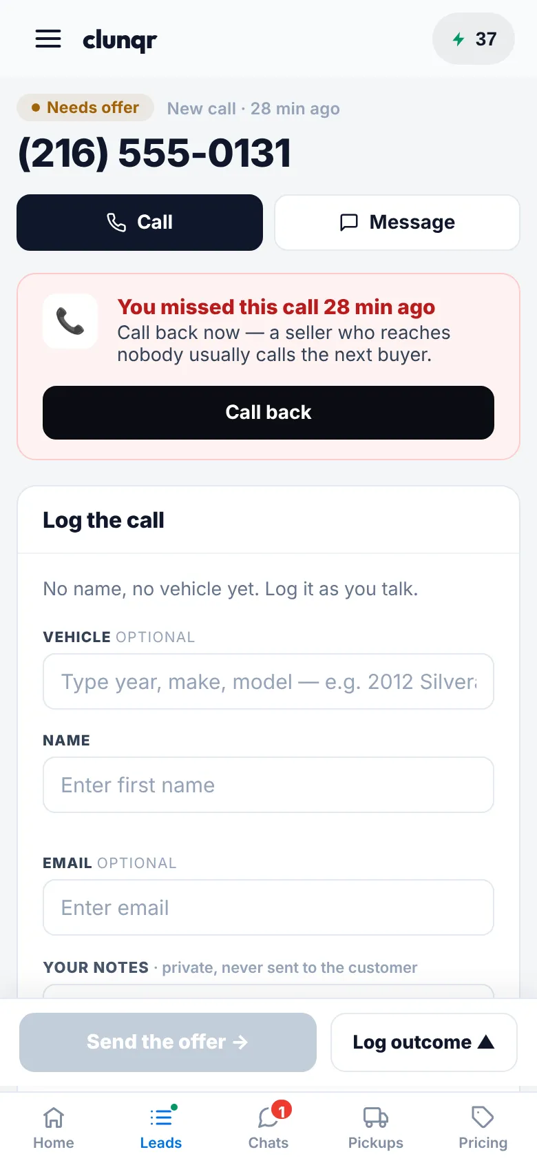 A missed call in the app, with a Call back button.