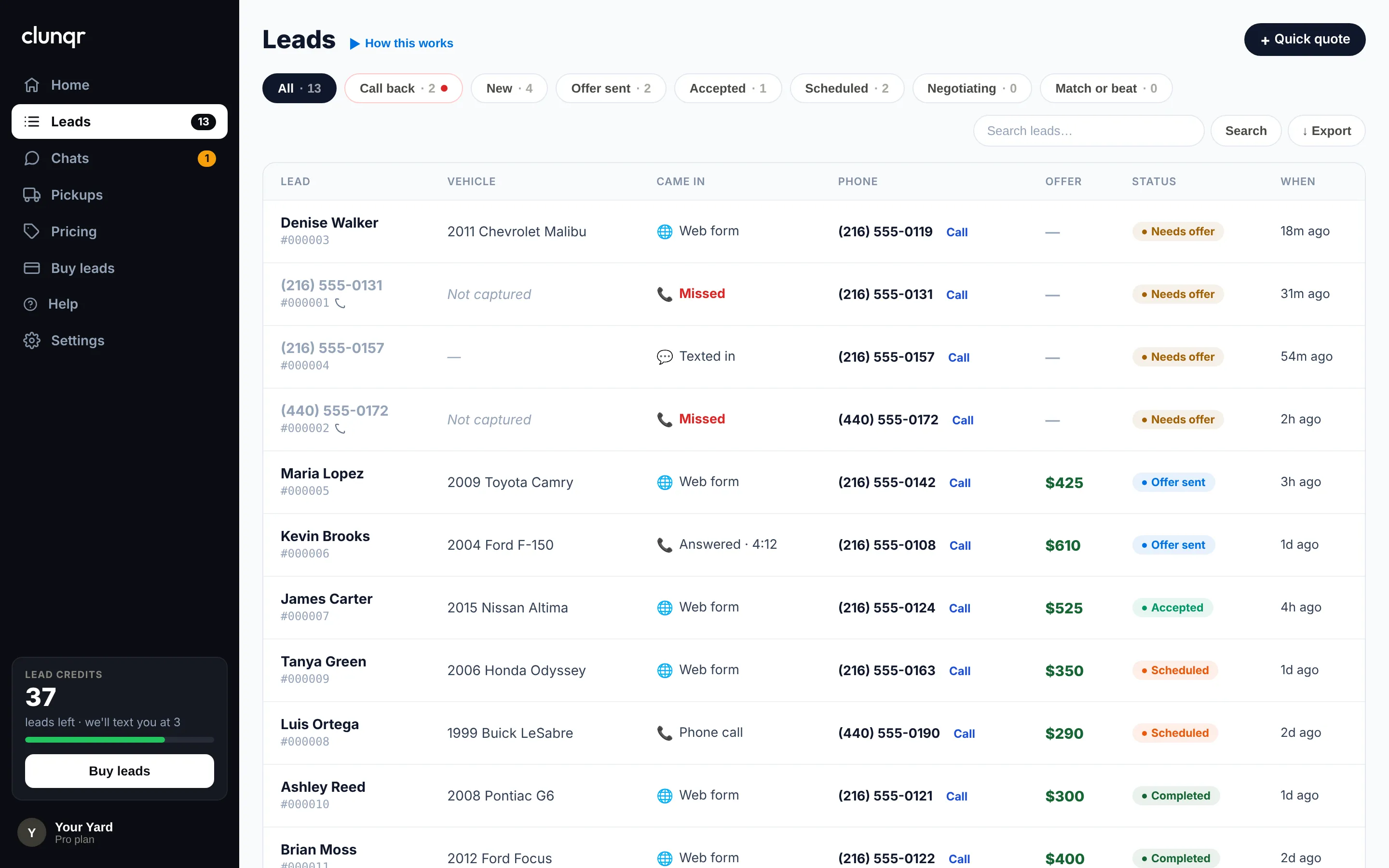 The leads list with tabs for Call back, New, Offer sent, Accepted and Scheduled.