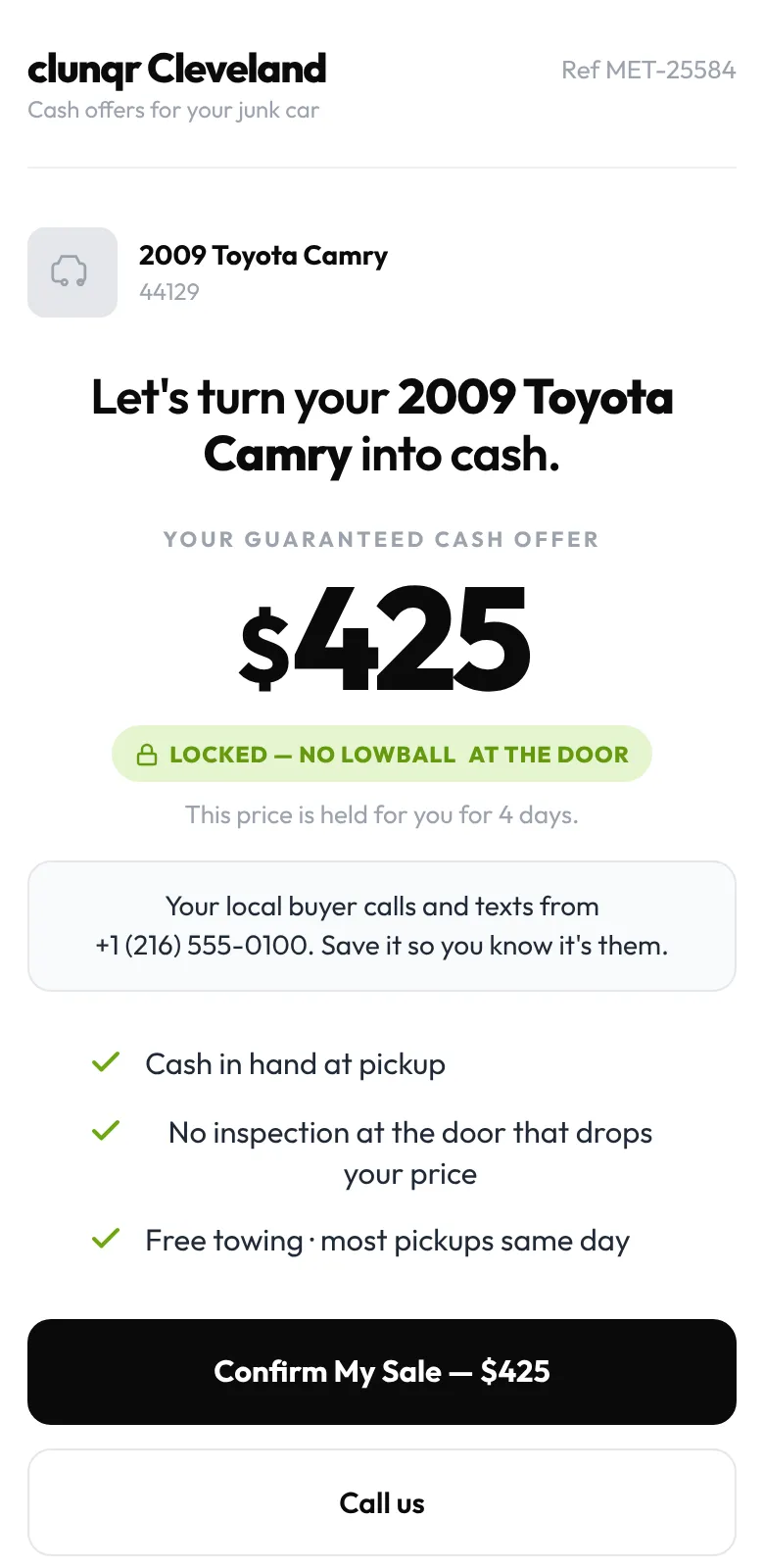 The seller's offer page: a $425 cash offer for a 2009 Toyota Camry with a Confirm My Sale button.